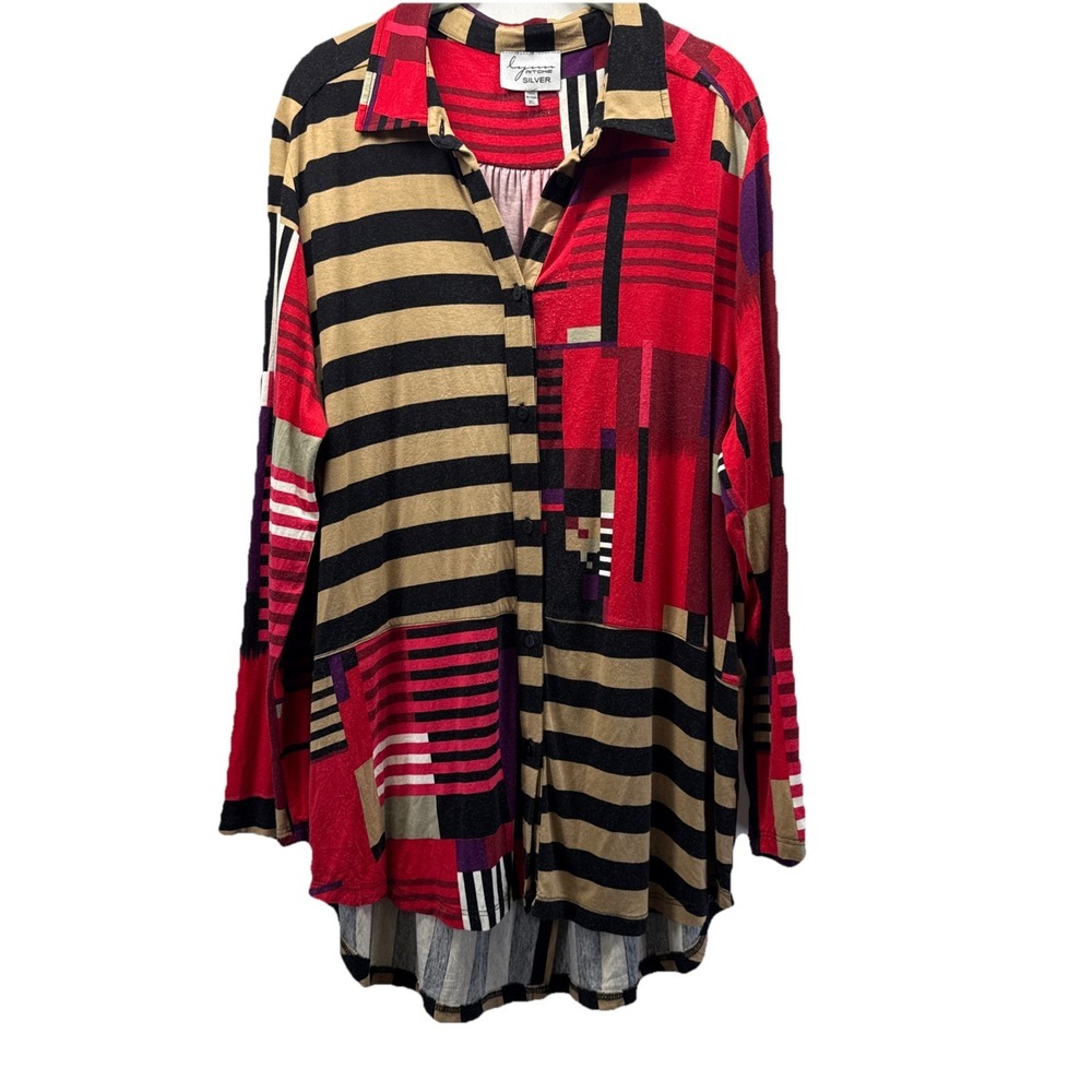 Lynn Ritchie Silver Women's Top Sz XL Red Black Artsy Art Mixed Prints Button Up